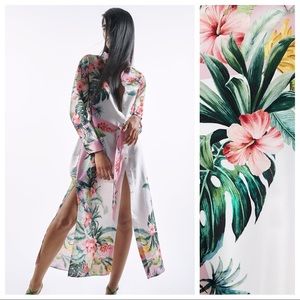 Zara Tropical Print Satin Effect Midi Shirt Dress. Size M.